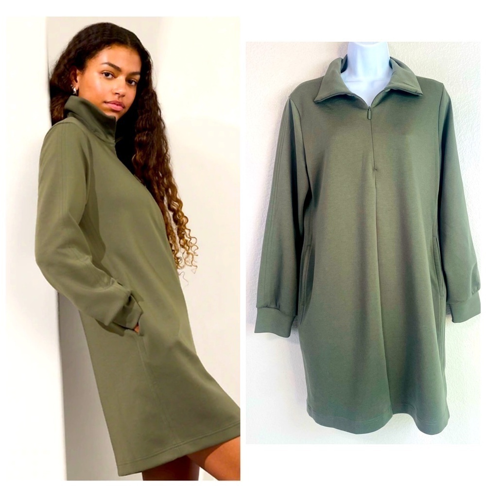 Athleta Olive Quarter-Zip Sweatshirt Dress